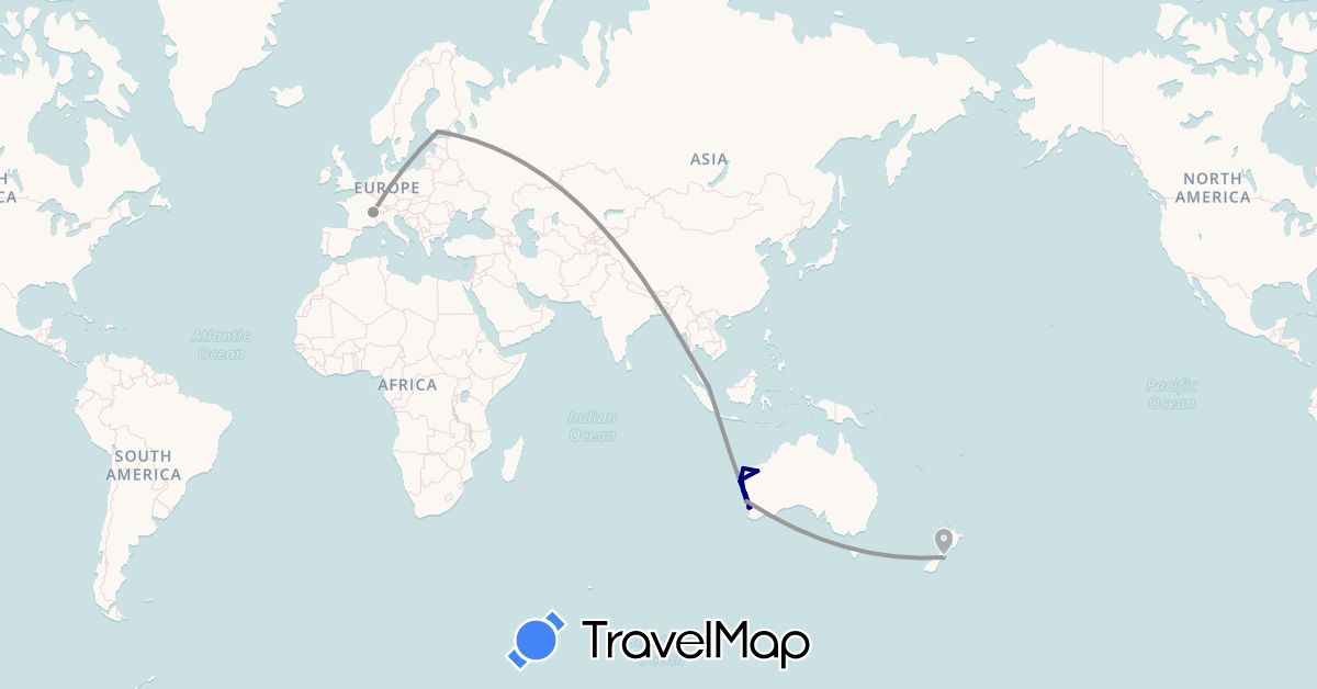 TravelMap itinerary: driving, plane in Australia, Switzerland, Finland, New Zealand, Singapore (Asia, Europe, Oceania)